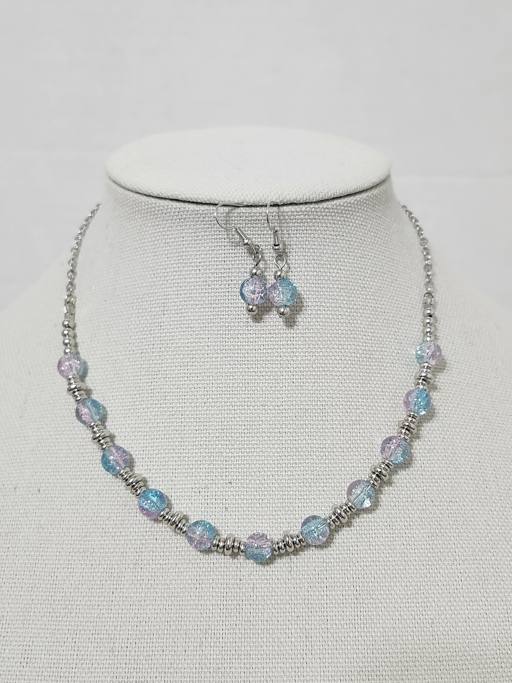 Silver Tone Necklace & Earring Set Pink & Blue Glass Crackle Beads Casual New